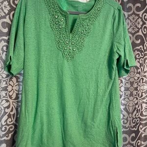 Green Blouse with Lace Accent